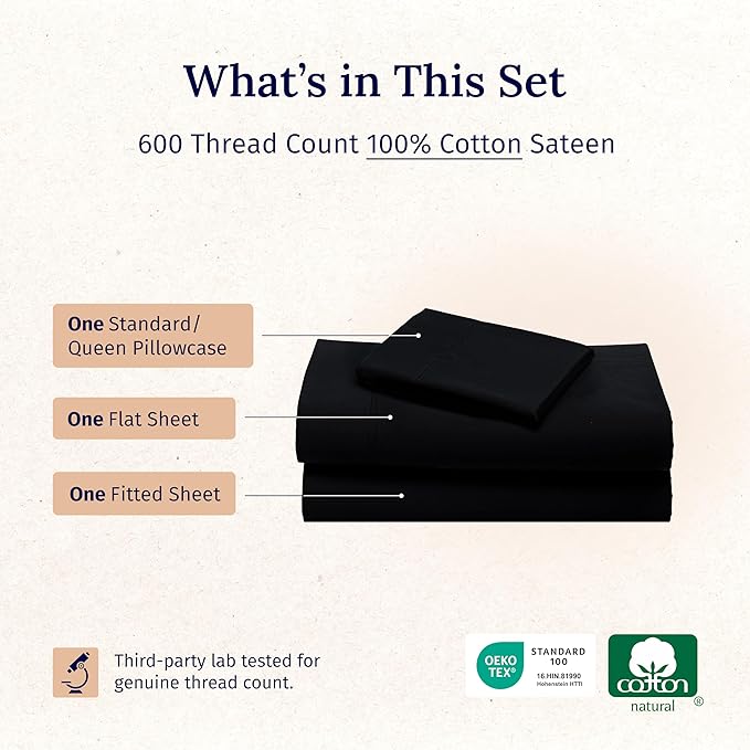 California Design Den Twin Sheets Set - Luxury 600 Thread Count Sateen, Natural 100% Cotton Bed Sheets, Fully Elasticized Deep Pockets, Crisp, Cool and Durable Hotel Quality Bedding - Black