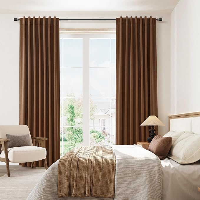Guken 100% Blackout Linen Curtains 120 Inch Length 2 Panels Set for Living Room Bedroom Back Tab Thermal Insulated Black Out Linen Drapes Room Darkening Window Curtains,Caramel Brown