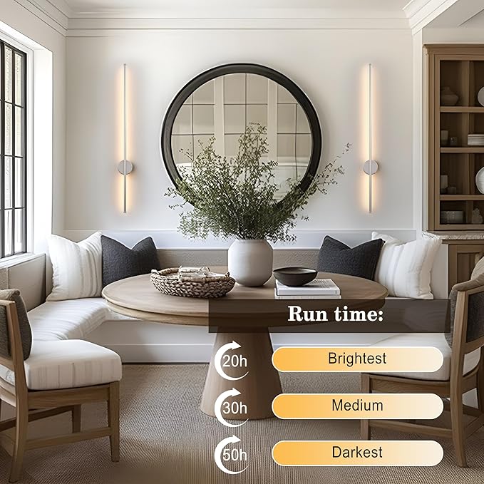 Battery Operated Modern Wall Sconces, Dimmable Wireless Wall Light Set of Two with Remote Control, 3 Color Temperatures, Rechargeable LED Wall Sconce for Bedroom, Living Room,Hallway, 39.3 Inch Nickel