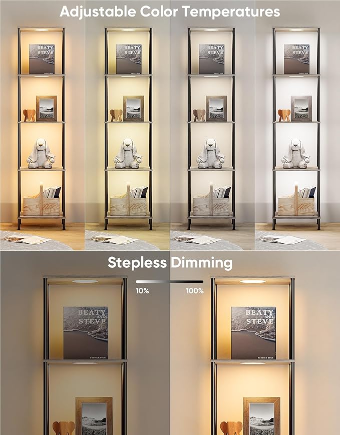 Display Shelf with RGBW Light, Color Changing Curio Cabinet Floor Lamp with Shelves Corner Standing Column Lamp Etagere Organizer Tower Nightstand Bookcase for Living Room Bedroom Office Décor, Gray