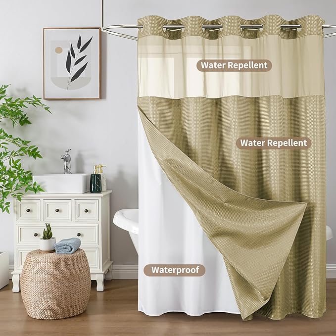Colorful Star No Hook Shower Curtain with Snap in Fabric Liner, Waffle Weave Heavy Duty Thick Shower Curtains with Mesh Top Window, Hotel Style Waterproof Bathroom Curtain Set, 72 x 87 Inch, Beige
