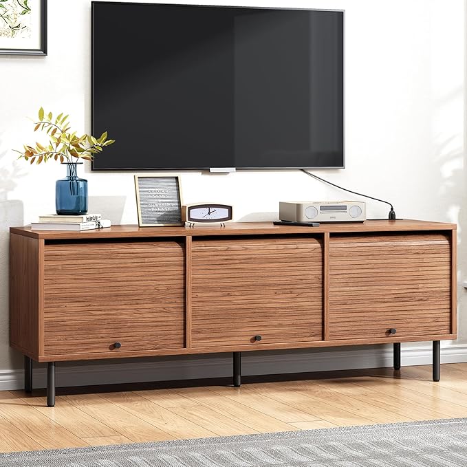 59 Inch TV Stand for TVs up to 65 Inch, Entertainment Center with Power Outlet, Mid-Century Modern TV Console with Storage, Adjustable Shelf & Sliding Doors, TV Stand for Living Room, Walnut