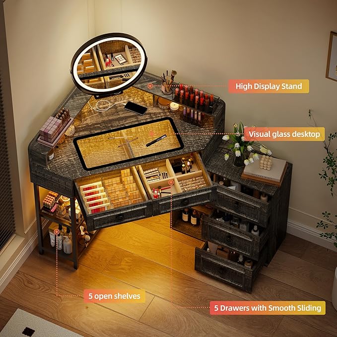 Corner Vanity Desk with Rotating Mirror and Lights,Glass Top Makeup Vanity with Human Body Senor&Charging Station,LED Vanity Table Set with 5 Drawers and Shelves for Bedroom