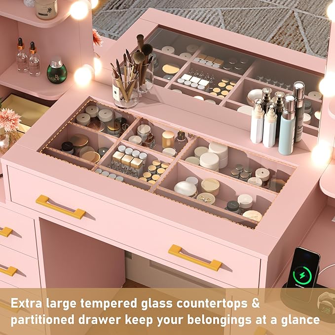 55 in Glass Top Vanity Desk with Mirror and Lights, Large Vanity Makeup Mirror Desk with Charging Station Compartment Storage Drawers, Modern Makeup Vanity with 9 Drawers 6 Shelves, Pink