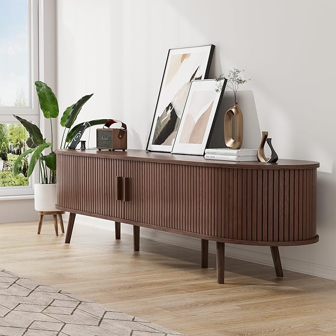 Alohappy 69" Mid Century Modern TV Stand with Charging Station, Farmhouse Curved Edge TV and Media Console Table with Drawer and Shelf, Fluted Entertainment Center for Living Room, Bedroom, Walnut