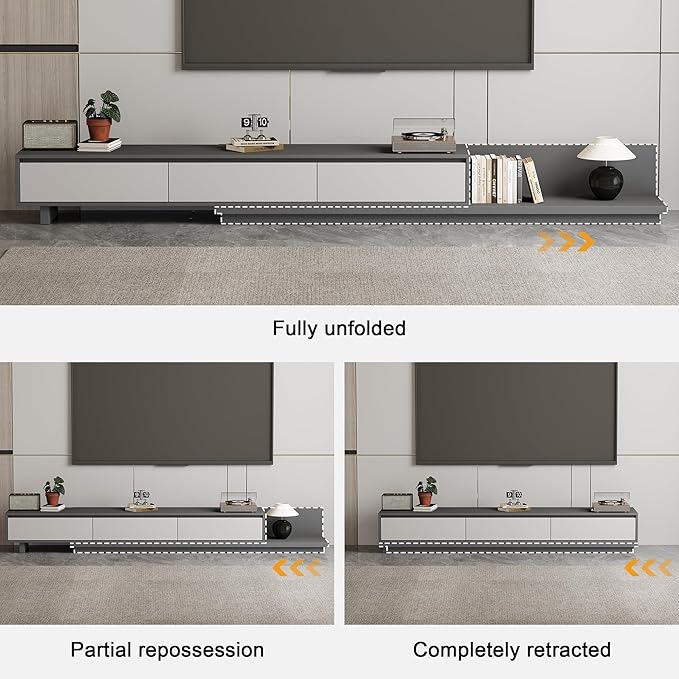 78.7–130" Extendable TV Stand with 3 Drawers - Mid-Century Modern Adjustable Entertainment Center, Perfect for Living Room, Dark Gray & Light Gray