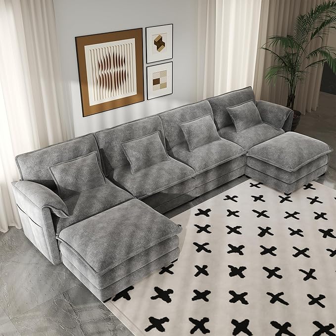 Real Relax 145'' Modular Sectional Sofa, U Shaped Chenille Convertible Couch with Movable Ottoman, 8 Pillows and 2 Armrest Pillows for Living Room, Office and Leisure Places, Dark Gray