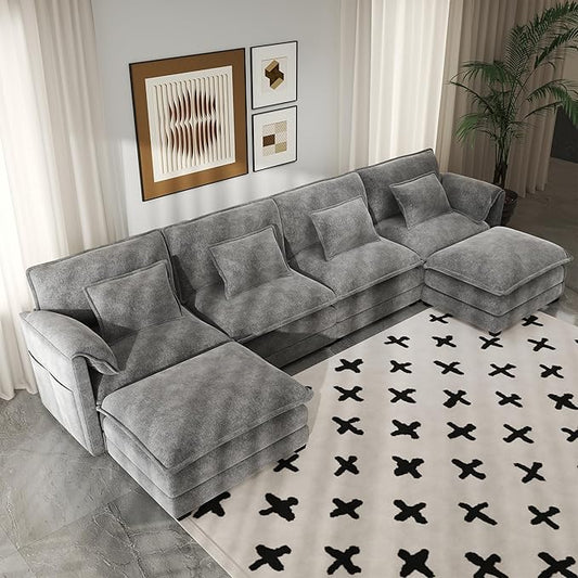 Real Relax 145'' Modular Sectional Sofa, U Shaped Chenille Convertible Couch with Movable Ottoman, 8 Pillows and 2 Armrest Pillows for Living Room, Office and Leisure Places, Dark Gray