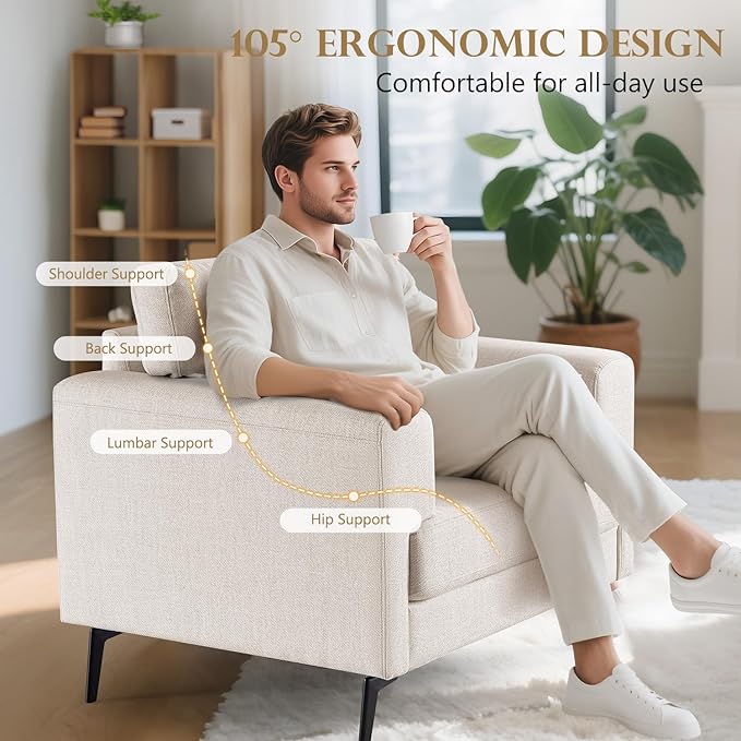 CDCASA Accent Chair, Linen Fabric Oversized Mid Century Modern Chair Set of 1, Comfy Upholstered Armchair Reading Accent Chairs Sofa Chairs for Bedroom Living Room, Beige