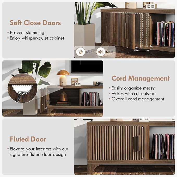 Mid Century Modern TV Stands for 65/70/75 Inch TV, Boho Media Console for Living Room, Fluted TV Entertainment Center with Storage, Wood Television Cabinet for Bedroom