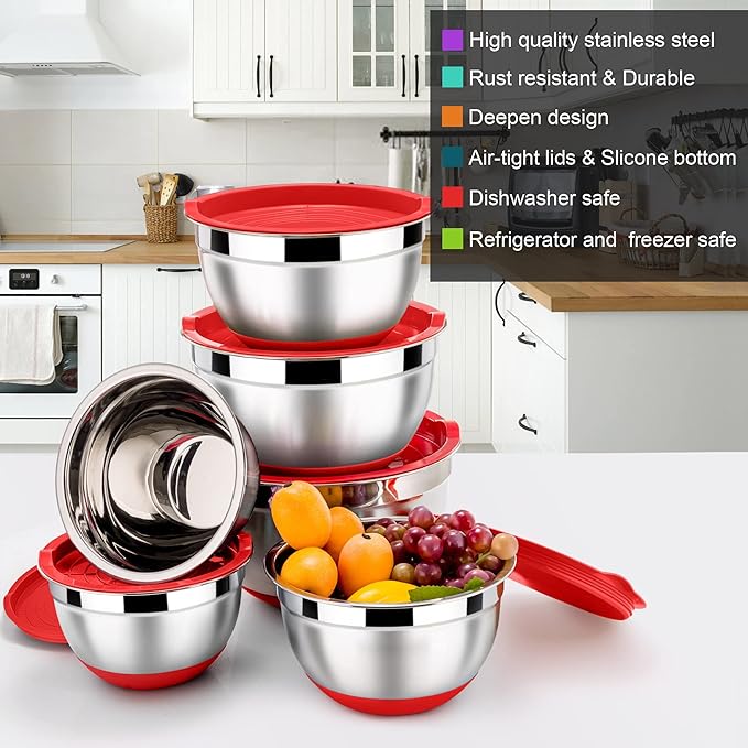 LIANYU Mixing Bowls Set of 6 with Airtight Lids, Size 7, 3.5, 2.5, 2, 1.5, 1QT Large Metal Stainless Steel Nesting Bowls for Cooking, Baking, Food Storage, Non-slip Bottom, Red
