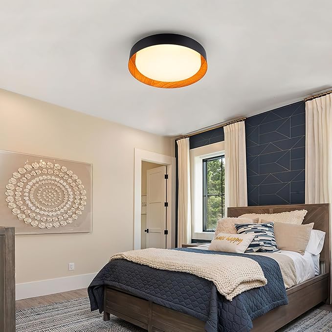 12 Inch LED Flush Mount Ceiling Light with Remote, 18W Flush Mount Light Fixture in Balck and Wood Finish, Dimmable Ceiling Light for Bedroom, Hallway, Entryway, Bathroom, Kitchen