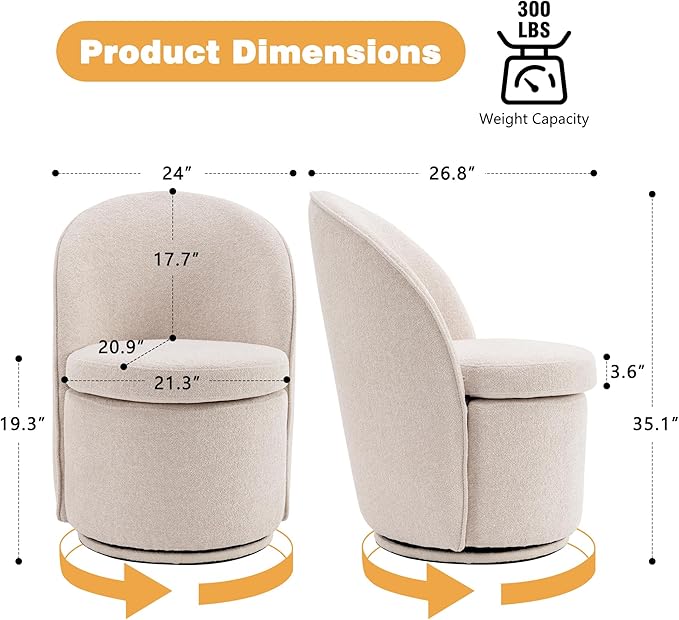 YOUNIKE Vanity Bench Boucle Fabric Beige Solid Wood Swivel Accent Chair with Backrest Easy Assembly Dressing Stool for Bedroom & Makeup Room