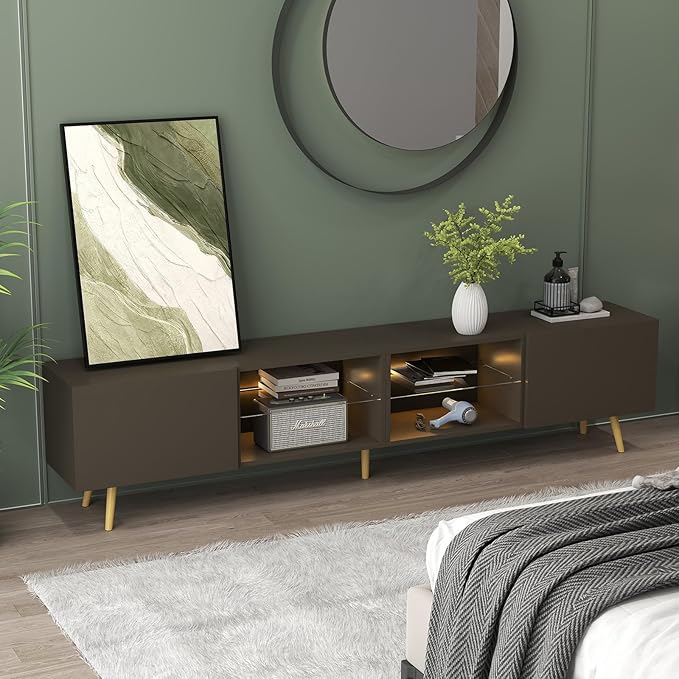 Bonzy Home 86" TV Stand, Modern Entertainment Center for 75" TV, Television Console Table with Storage Cabinets for Living Room, Grey