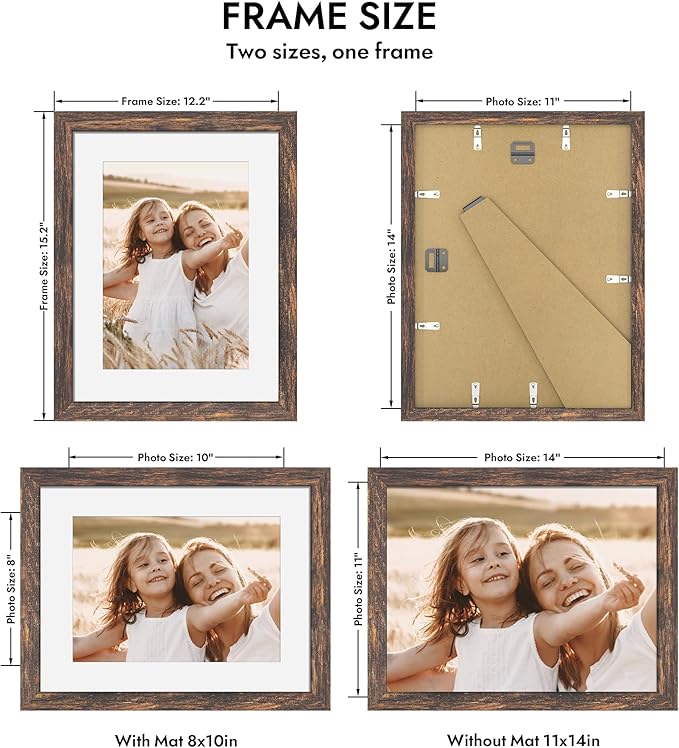 11x14 Picture Frame with Real Glass - 8x10 Wooden Frame with Mat, Horizontal and Vertical Display for Wall or Tabletop (Rustic Brown, 1 Pack)