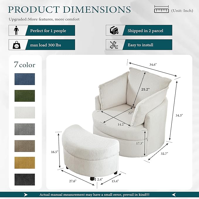 Swivel Accent Chair with Ottoman Comfy Reading Chairs for Bedroom Modern Corduroy Arm Chair 360°Swivel Barrel Chairs for Living Room,Apartment (White, 2)
