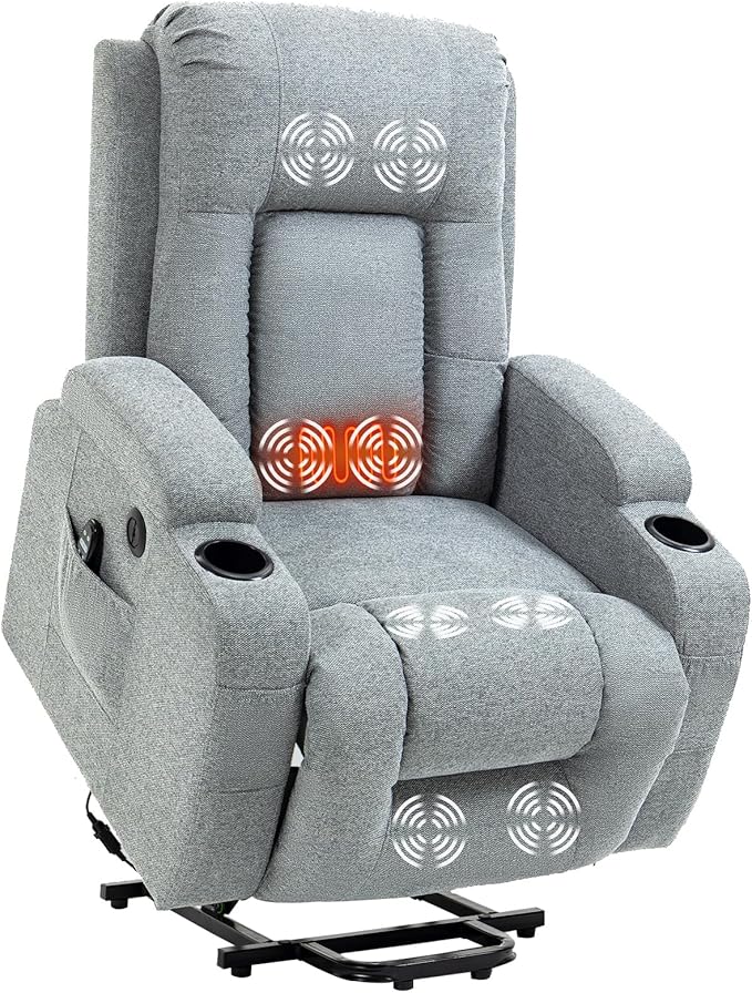 PELUMY Power Lift Recliner Chair for Elderly with Massage & Heat - Heavy Duty Electric Lift Chair, Oversized Recliner, Lay Flat, 8-Point Vibration, Lumbar Heating, USB Port, Cup Holders (Grey)