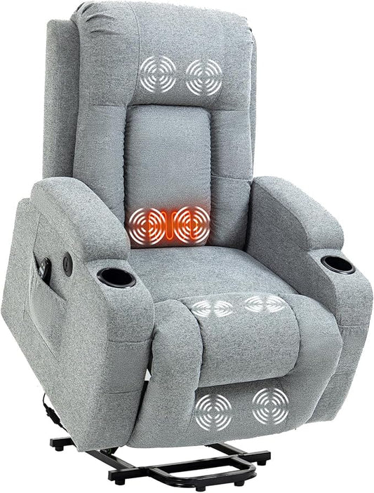 PELUMY Power Lift Recliner Chair for Elderly with Massage & Heat - Heavy Duty Electric Lift Chair, Oversized Recliner, Lay Flat, 8-Point Vibration, Lumbar Heating, USB Port, Cup Holders (Grey)