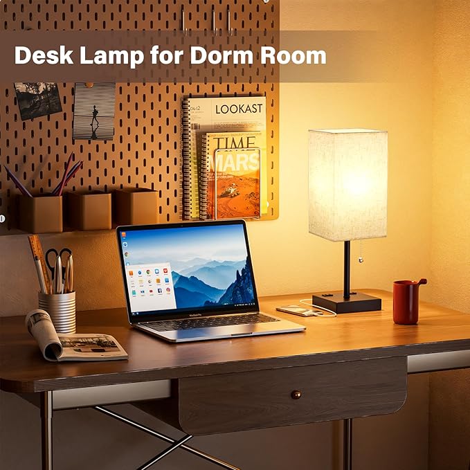 Table Lamps for Bedroom Set of 2 Nightstand - 17.4In Tall, 3 Color Bedside Lamps with AC Outlets and USB A & C for Charging, Square Night Stand light Lamp, End Table Lamp for Living Room/Dorm/Office