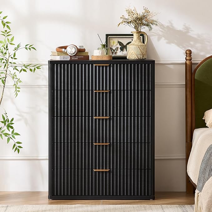 LEYAOYAO Fluted 5 Drawers Dresser for Bedroom Set of 2, 41" Tall Modern Chest of Drawers with Metal Handle, Curved Profile Design,Black Wood Drawer Organizer for Bedroom, Living Room, Hallway