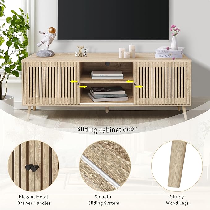 Mid Century Modern TV Stand for Televisions up to 70 Inches, with Sliding Doors and Storage, Television Stands, TV Consoles, Media Consoles for Living Room, 63 Inch (Natural)