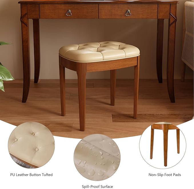 Solid Wood Button Tufted Vanity Stool, Ottoman Stool with Wood Legs & Padded Seat PU Leather Upholstered Piano Bench with Non-Slip Foot Pads Accent Chair for Bedroom Entryway, Beige