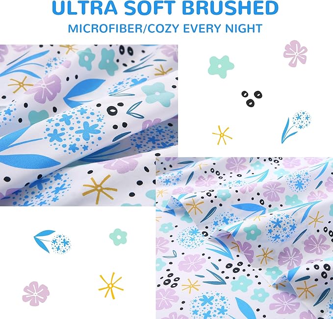 Viviland 4 Pieces Girls Purple Floral Full Sheet Set - Soft Microfiber Fitted Flat Sheets & Pillowcases - Purple Colorful Flower Print Bedding Sets - for Kids & Toddlers