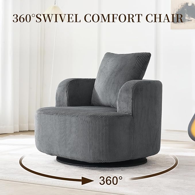 Furnimart 360° Swivel Barrel Accent Chair, Round Upholstered Comfy Lounge Chair, Corduroy High-Resilienc Foam Single Sofa, No Assembly Wide Seat for Living Room, Bedroom, Apartment (Gray)