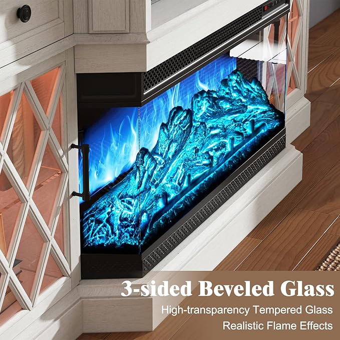 Farmhouse TV Stand with 3-Sided Glass Fireplace, 70" Entertainment Center for TVs up to 80", TV Stand with Glass Doors/Adjustable 12 Color Flame for Living Room, Distressed White