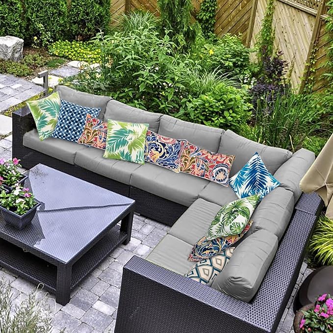 JMGBird 12×20 Inch Outdoor Lumbar Pillows Pack of 2 Colors Waterproof Throw Pillows with Insert Rectangular Decorative Garden Cushion for Home Furniture Patio Coach Sofa