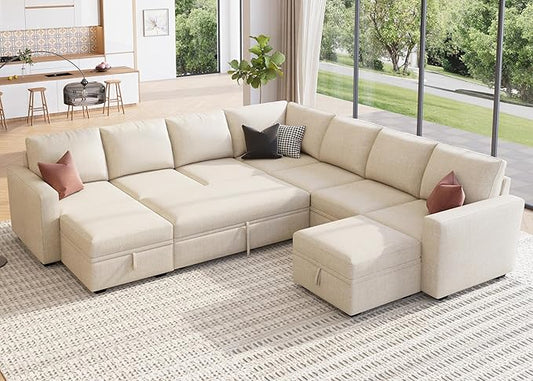 HONBAY Modular Sectional Sleeper Sofa with Pull Out Couch, Oversized U Shaped Sleeper Pull Out Bed with Storage Sectional Couches for Living Room - Beige