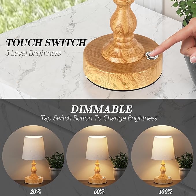 PARTPHONER Mini Cordless LED Table Lamp, 5200mAh Rechargeable Battery Operated Lamp, 3-Level Brightness, Touch Dimmable Desk Lamp, Bedside Night Light for Patio Camping Restaurant Home, Wood Grain