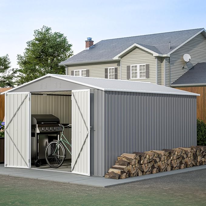 8x12 Ft Large Metal Outdoor Storage Shed with Floor Frame & Lock, Durable Waterproof & Windproof Tool Shed for Garden, Backyard, Patio