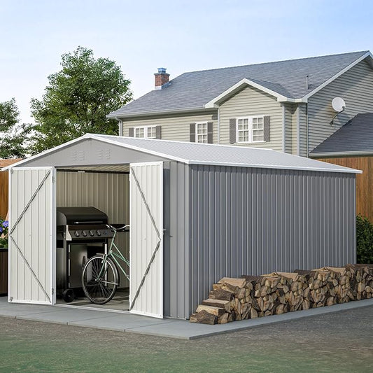 8x12 Ft Large Metal Outdoor Storage Shed with Floor Frame & Lock, Durable Waterproof & Windproof Tool Shed for Garden, Backyard, Patio