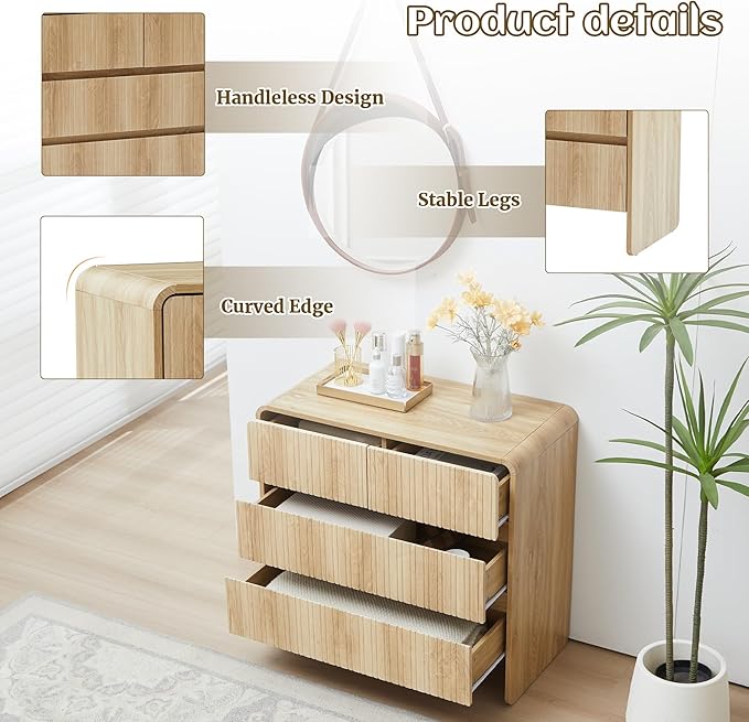 Fluted 3 Drawer Dresser for Bedroom,Mid Century Modern Wide Chest of Drawer,Curved Edge Wood Closet Dresser Nightstand for Bedroom Living Room Hallways (Natural, Wide 3 Drawer)