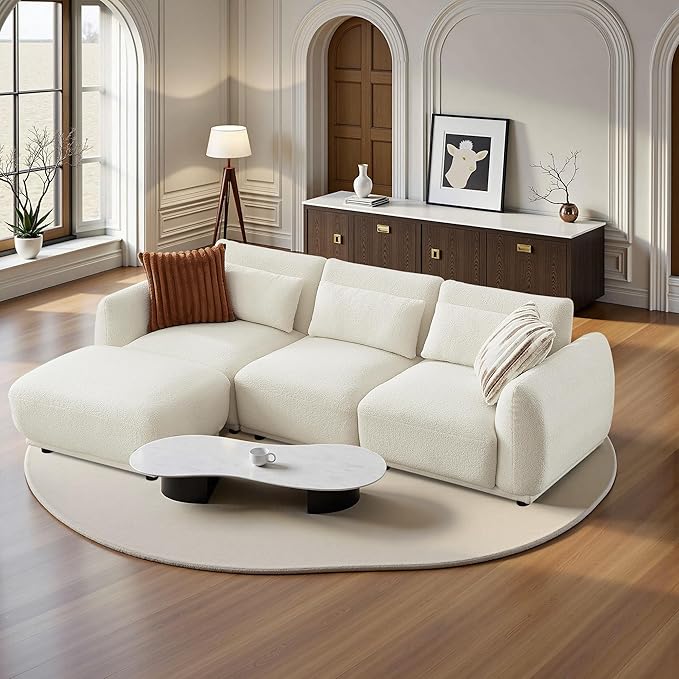 Sectional Sofa Couch, Modern Convertible U Shaped Sectional Couch with Ottoman, Modular Sectional Sofa Cloud Couches for Living Room (White, 3 Set + 1 Ottoman)
