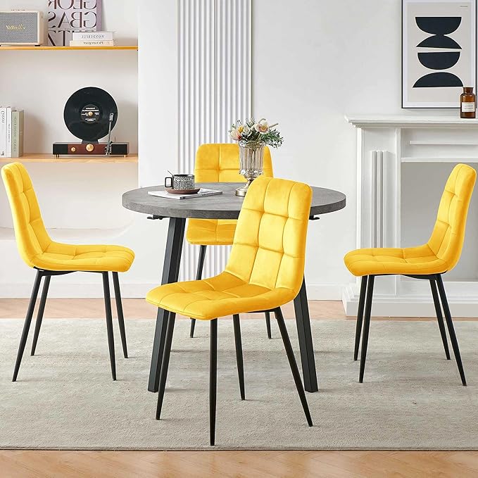 Modern 4-Person Round Dining Table Set, Space-Saving for Kitchen, Living Room, Apartment, Includes Dining Table & 4 Yellow Chairs,Small Dining Room Set for 4
