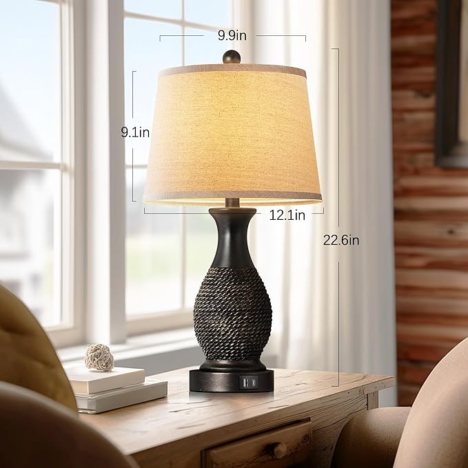 PARTPHONER Table Lamps Set of 2, Bedside Touch Lamp with USB C+A Charging Ports, Side Table Lamp with Linen Fabric Shade (LED Bulbs Included), Black with Gold Accents