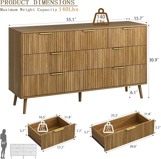 CARPETNAL Fluted 7 Double Drawers Dresser for Bedroom, 55”Wide Modern Chest of Drawers with Deep Drawers,Curved Profile Design, Wood Drawer Organizer for Living Room, Natural Oak