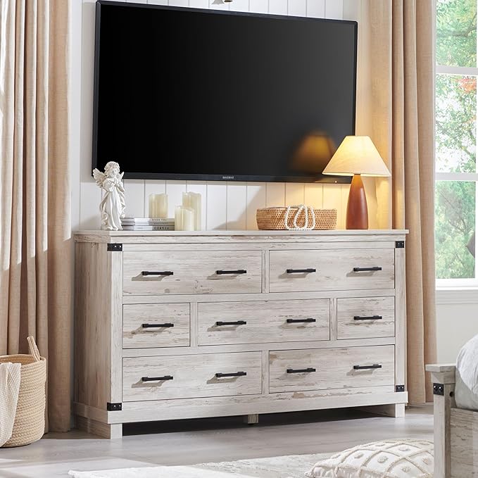 T4TREAM Farmhouse 7 Drawers Dresser for Bedroom, 54" Wide Wood Chest of Drawers w/Natural Texture & Metal Handle, Rustic Storage Dressers Organizer for Living Room, Hallway, Antique Brush White