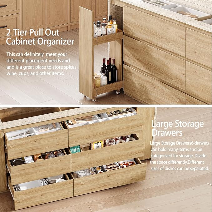 90.6"W Stationary Kitchen Island with Double-layer Countertop, Kitchen Island Storage Cabinet with Adjustable Shelves & 6 Drawers, Island table with Pull Out Spice Rack for kitchen , Dining Room