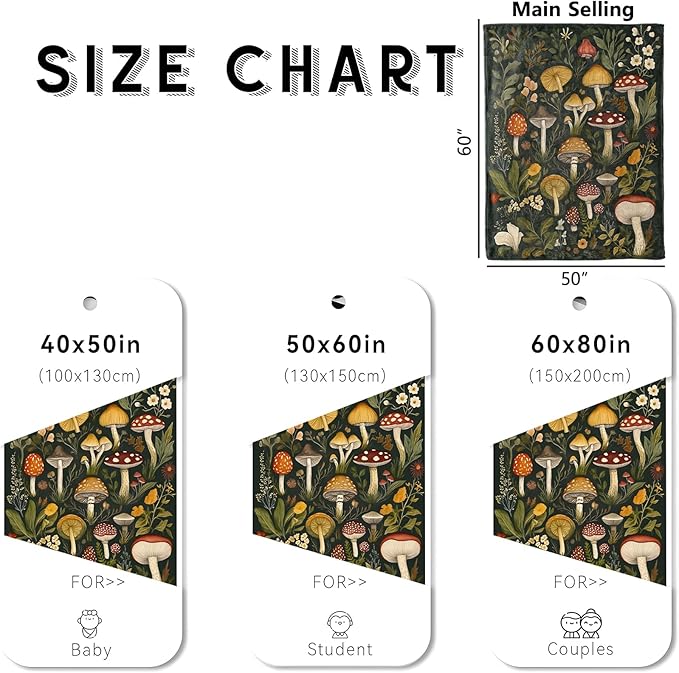 Whimsical Mushroom Blanket, Cozy Flannel Colorful Fungi & Wildflowers Throw Blanket for Couch Outdoor, Plush Soft Lightweight Travel Blankets for Bed Decor and Gifts, for Women Adults 60"x80"