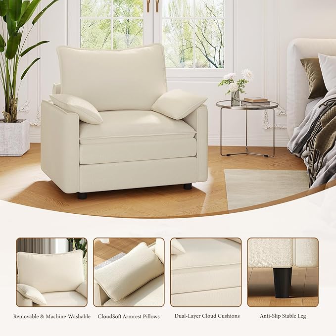 Vesgantti 40" Single Seat Sofa, Comfy Cloud Couch Deep Seat Upholstered Couch Chenille Modern Sofa with Armrest Pillow, Easy Assembly for Living Room, Bedroom and Apartment, Beige