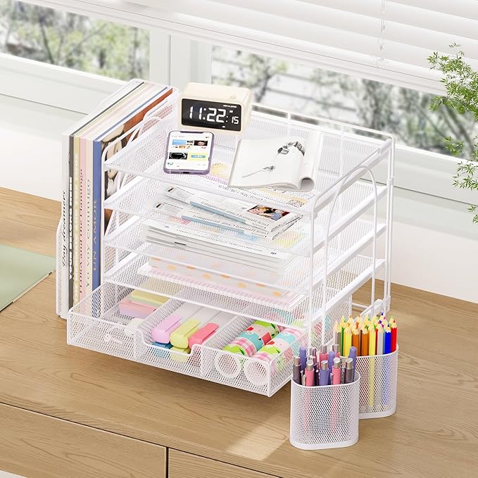 Desk Organizers and Accessories with File Holder, 5-Tier Office Desk Accessories & Workspace Desktop Organizer with Drawer and 2 Pen Holder, File Paper Organizer for Office Supplies(White)