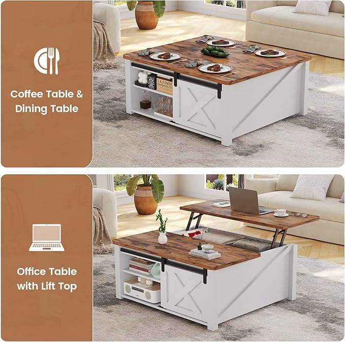 SEDETA 31.5" Lift Top Coffee Table with Storage, Square Coffee Tables for Living Room, Farmhouse Coffee Table with Large Hidden Storage Compartment and Adjustable Shelves, White