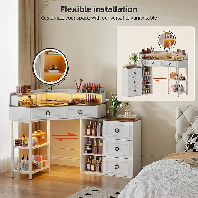 Corner Vanity Desk with Rotating Mirror and Lights,Glass Top Makeup Vanity with Human Body Senor&Charging Station,LED Vanity Table Set with 5 Drawers and Shelves for Bedroom