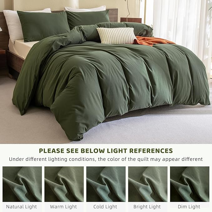 Sanracie Olive Green Comforter Set King Cotton,Dark Green Bedding Comforters Set Solid Color,3 Pieces(1 Aesthetic Comforter and 2 Pillowcases) Soft Lightweight Bed Set for All Season