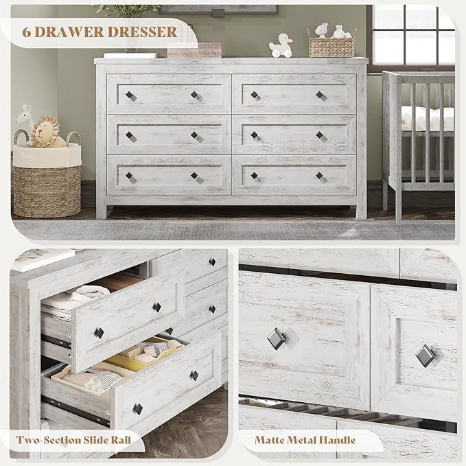 AMERLIFE 6 Drawer Dresser for Bedroom, 54" Wide Dresser TV Stand with Large Drawers, Farmhouse Wood Chest of Drawers with Vintage Grain Texture, Distressed White