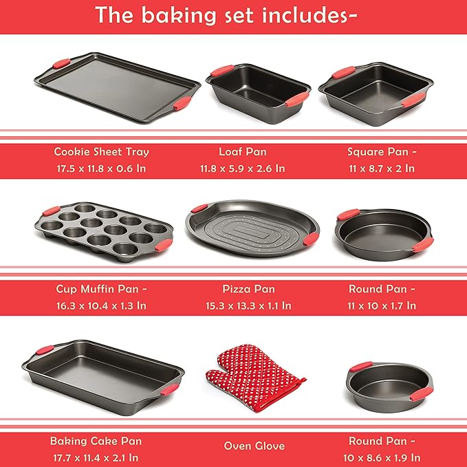 Moss & Stone 9 Piece Baking Pans Set Non Stick, Oven Safe Baking Sheet Set Carbon Steel Non-Stick PTFE Coating, Bakeware Set With Heat Red Silicone Handles, Black Baking Trays For Oven