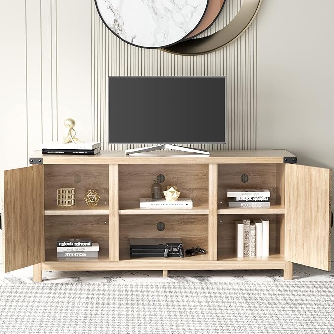 JUMMICO TV Stand, 65 Inch TV Farmhouse Entertainment Center with Double Barn Doors and Storage Cabinets, Console TV Table Media for Living Room, Bedroom (Pale Yellow)